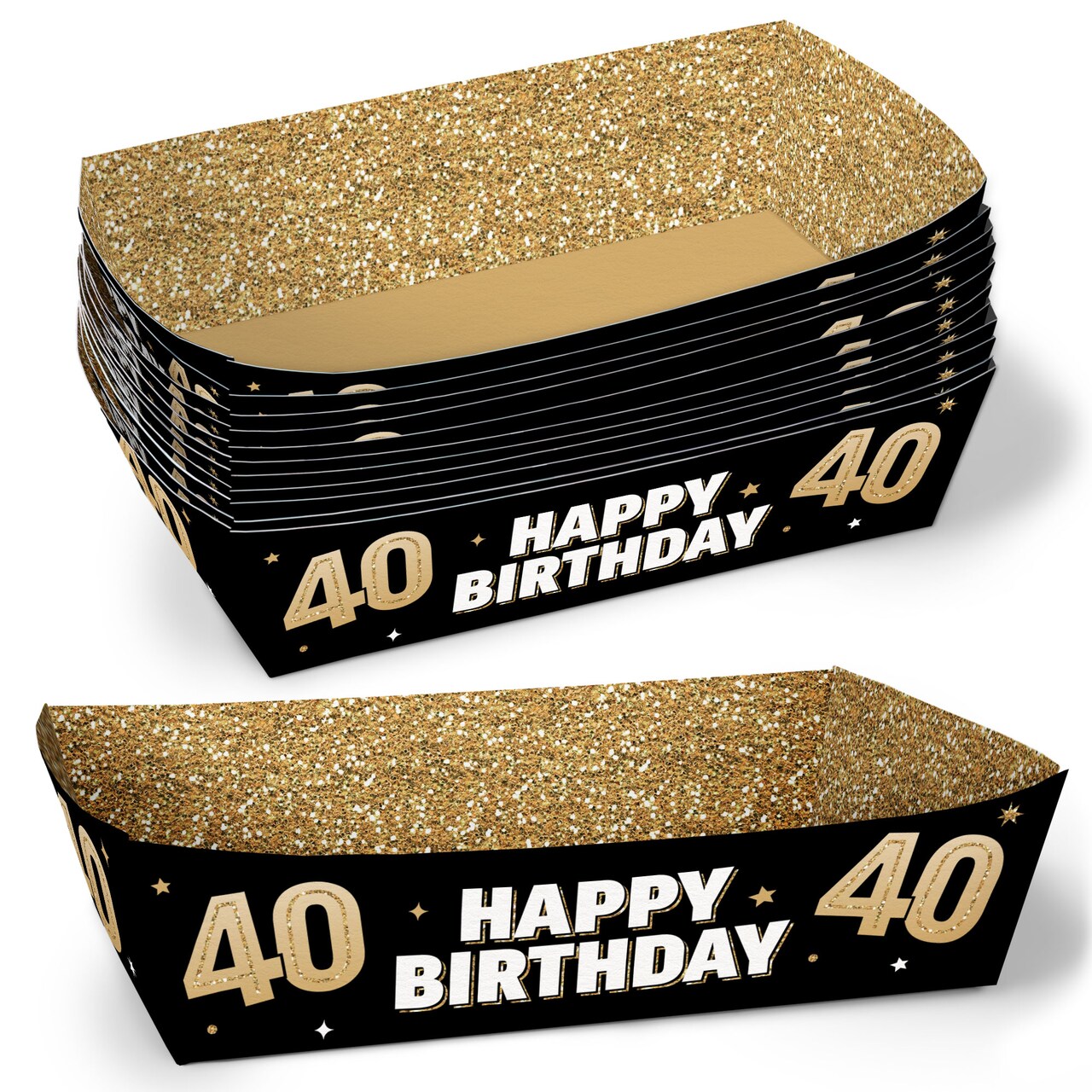 Big Dot of Happiness 40th Birthday Party Paper Food Trays, Disposable Food Boats, Black & Gold, Picnic, BBQ, Double-Sided Paper Meal Holders - 12 Ct